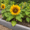 Bright yellow dwarf sunflower in a garden bed.