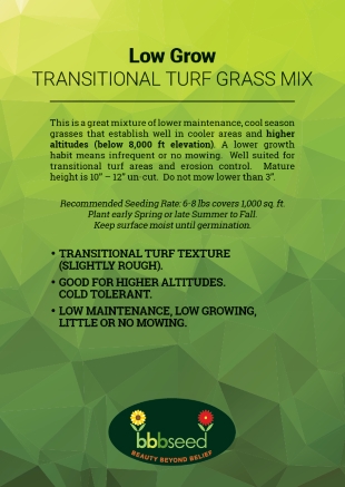 Label on a bag of Low Grow transitional turf grass mix.