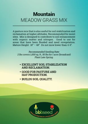 Photo of the label from the bag of Mountain Meadow Grass seed mix.