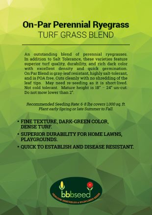 Photo of the label on a bag of On Par Perennial Ryegrass seed blend.