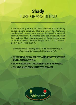 The label for the package of Shady Turf Grass seed mix.