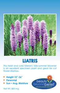 Liatris tag with photo of tall spikes of pink flowers. Native plants