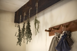 Preserving herbs by tying bundles of spices to hang from a beam.