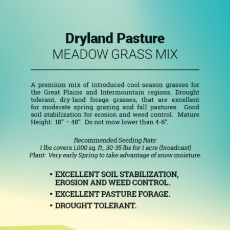 The label on a bag of Dryland Pasture grass seed mix.