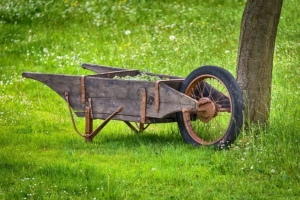 An oldfashioned wooden wheel barrow..