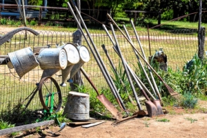 Buckets and gardening tools lined up along a fence.