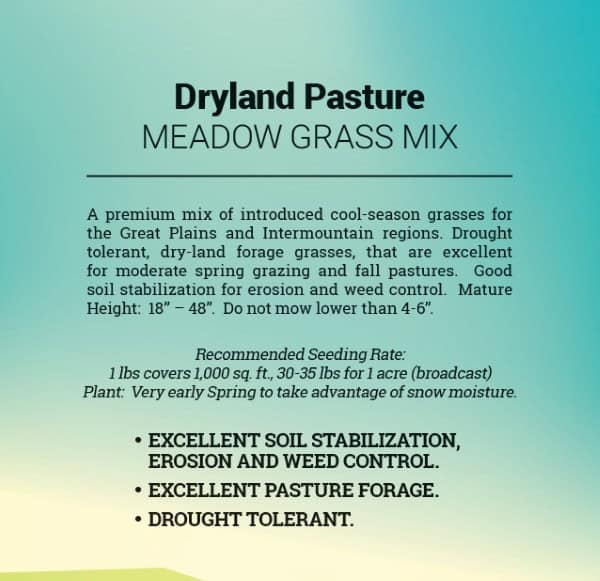 The label on a bag of Dryland Pasture grass seed mix.