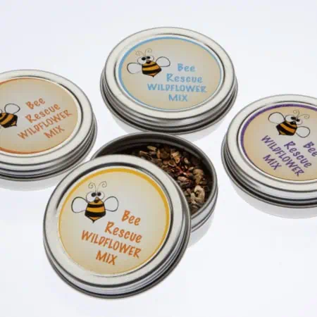 Bee Rescue Wildflower Mix tins for pollinator support and planting.