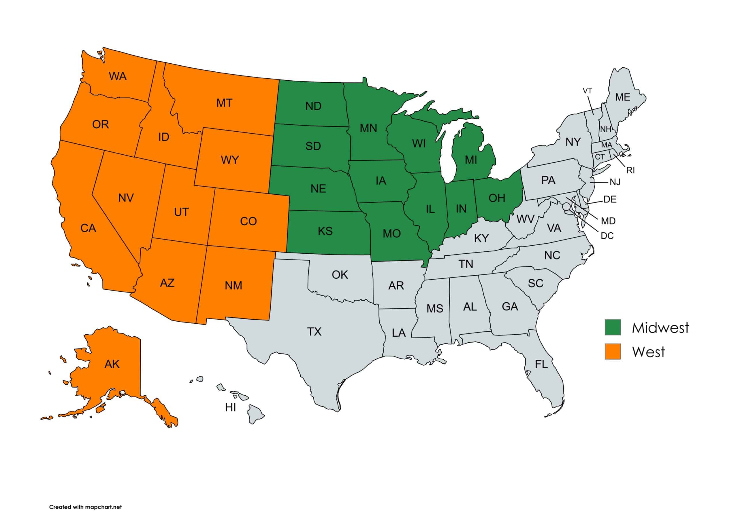 Map of the United States highlighting the Midwest and Western regions